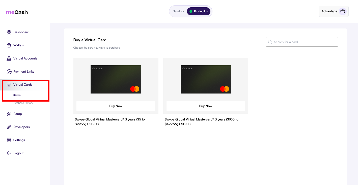 Virtual Cards - meCash Documentation